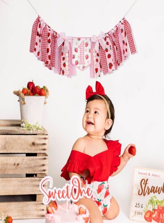 HIKLO Strawberry Daisy 1st Birthday High Chair Banner - Pink Red Berry Theme Highchair Banner, Gingham Sweet Berry First Birthday Party Decoration, Best Sweet One Cake Smash Photo Props, Strawberry Picnic Party Supplies - Image 4